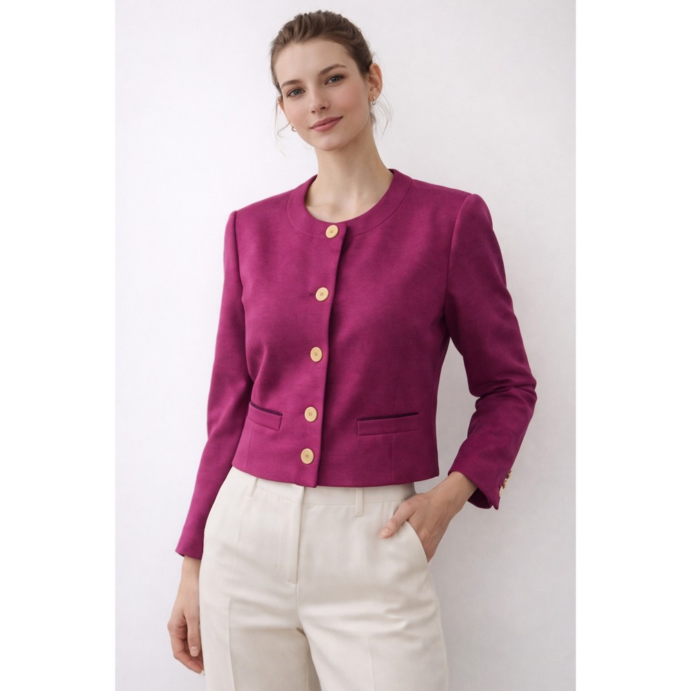 VTG Sonia Rykiel Paris Magenta Jacket Wool Knit Cropped Career Blazer FR 42